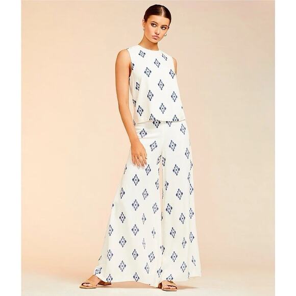 Alex Marie Pants - Alex Marie White Blue Linen Blend Geometric Cropped Wide Leg Pants Size 12/14